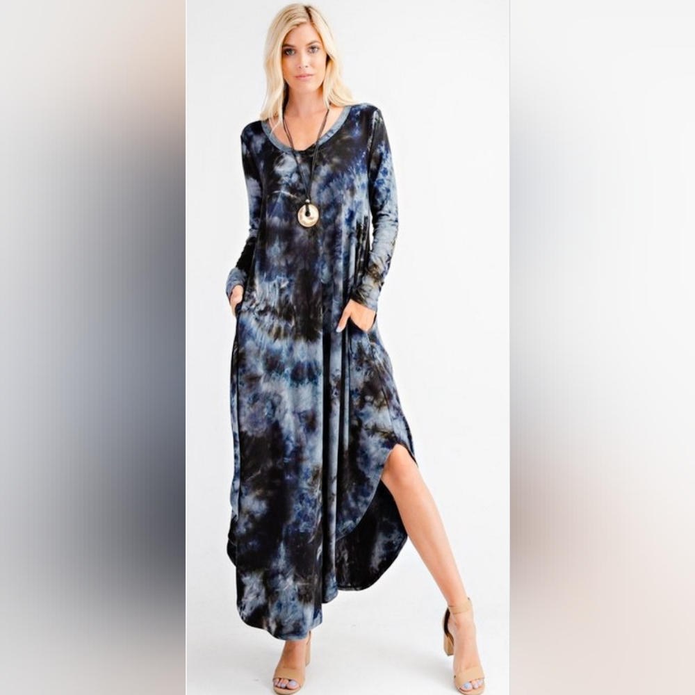 Rae Mode Tie Dye Maxi Dress | V-Neck Pocket Dress Blue Black Boho Flowy‎ Size S